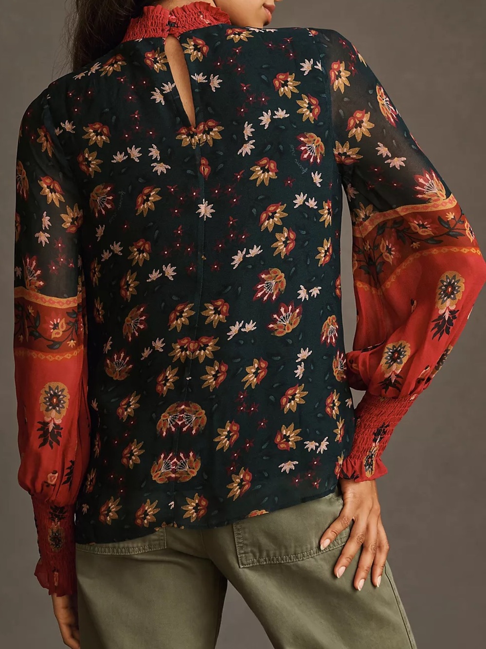Farm Rio x Anthropologie long sleeve smocked blouse XS floral birds tropical - Picture 11 of 11